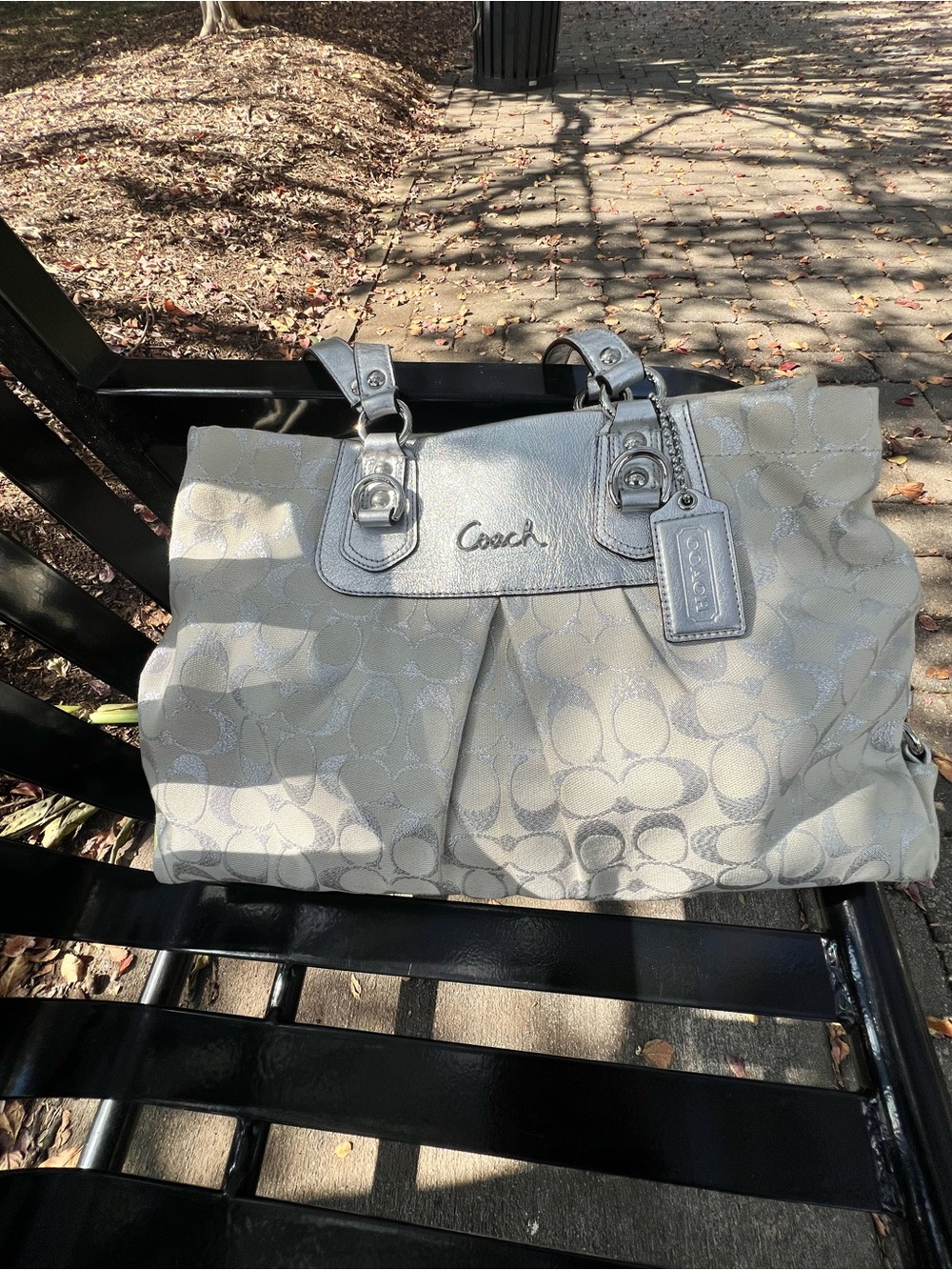 Coach Light Cream Signature Tote with Silver Trim